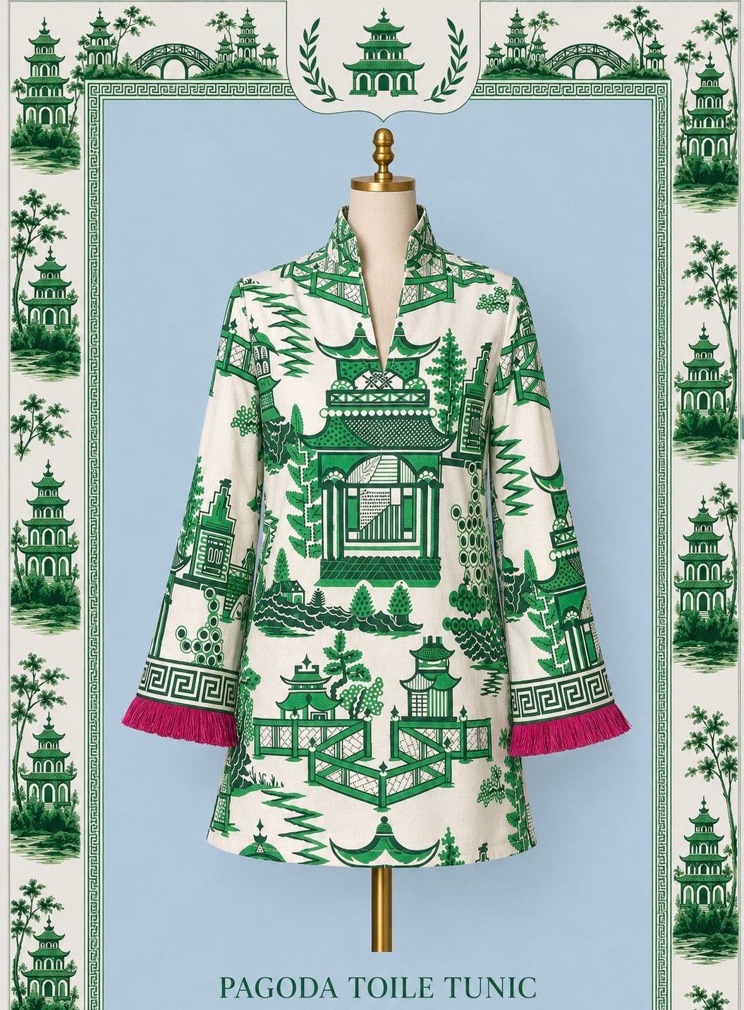 Nanjing Pagoda Toile Tunic in Emerald &amp; Hot Pink