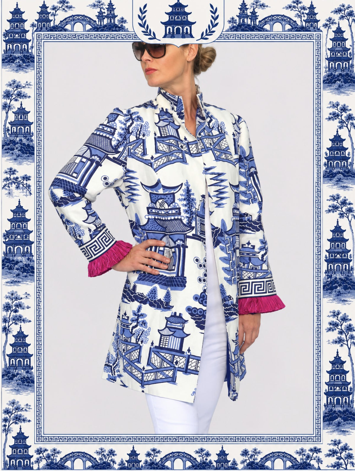 Nanjing Pagoda Topper in Blue &amp; Greek Key Trim