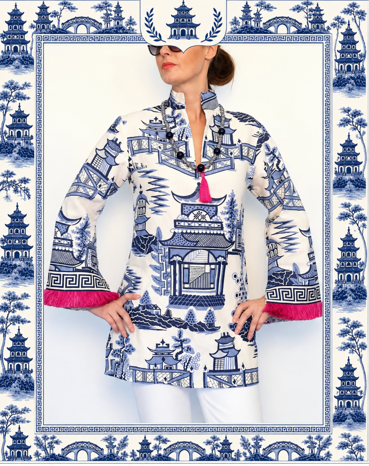 Nanjing Pagoda Toile in Blue &amp; Greek Key Trim